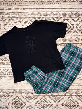 Victoria's Secret Black Crop with Green & Pink Plaid Pants Pajama Set